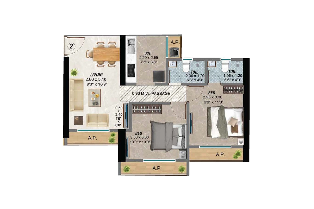 2 BHK Floor Plan